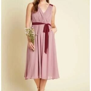 NEW Modcloth Wholly Romantic Dress rose pink pockets faux wrap lined size small